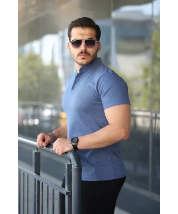 Erkek Hakim Yaka Dokuma Pamuklu Kumaş Kısa Kollu Tişört