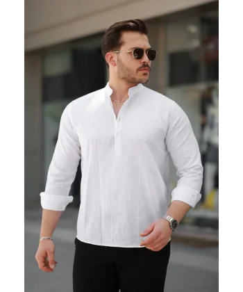 Erkek Hakim Yaka Yarım Düğmeli Keten Gömlek