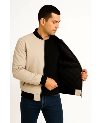 Erkek Içi Astarlı Fermuarlı Bomber Mont Ceket - Bej