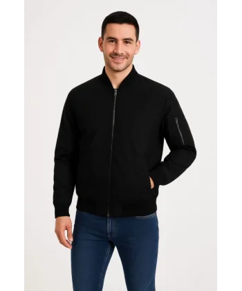 Erkek Içi Astarlı Fermuarlı Bomber Mont Ceket - Siyah
