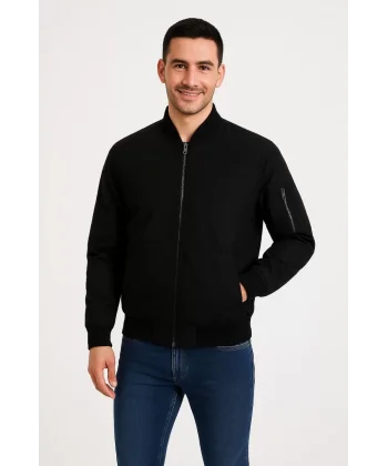 Erkek Bomber Mont Ceket – Fermuarlı, Kapitone İçi Astarlı, Su İtici Kumaş, Regular Fit, Uzun Kollu, Yandan Cepli, Bahar & Kış Rahat Günlük Stil - Siyah