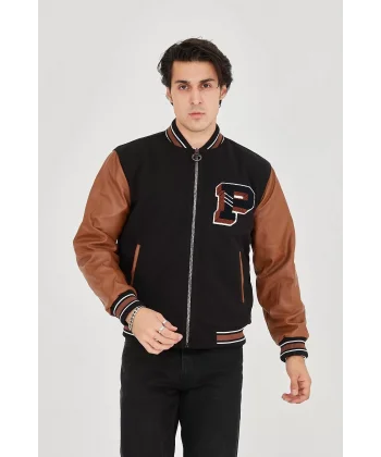 Erkek İçten Elyaf ve Astarlı Kolları Suni Deri Ceket - Kahverengi