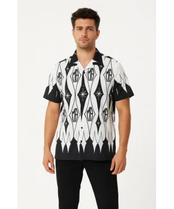 Erkek İki İplik Kumaş Dijital Baskılı Gömlek - Siyah