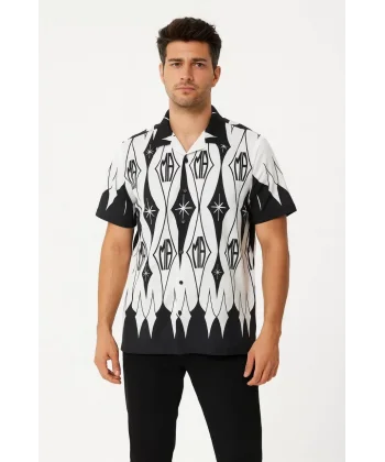 Erkek İki İplik Kumaş Dijital Baskılı Gömlek - Siyah