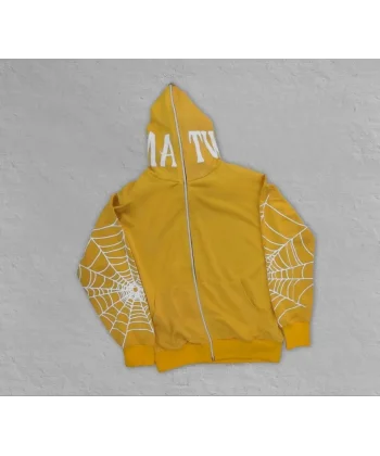 Erkek İki İplik Örümcek Baskılı Oversize Hırka - Sarı