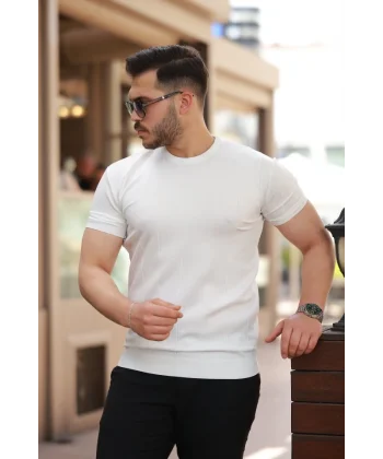 Erkek Ince çizgi Dokulu Bisiklet Yaka Kısa Kollu T-shirt