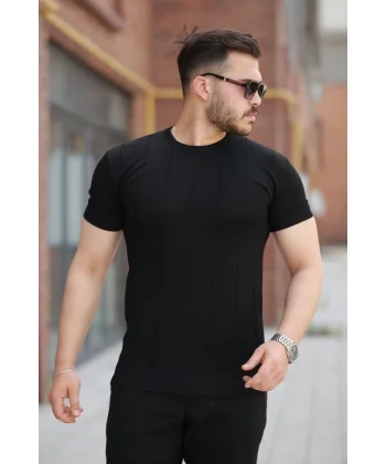 Erkek Ince çizgi Dokulu Bisiklet Yaka Kısa Kollu T-shirt