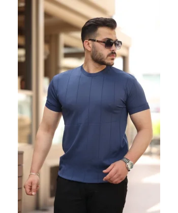 Erkek Ince çizgi Dokulu Bisiklet Yaka Kısa Kollu T-shirt