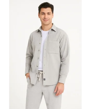 Erkek Kadife Oversize Takım – Gömlek Ve Pantolon İkili Set Füme Corduroy Şıklığı, Rahat Ve Zarif Duruş Yumuşak Dokulu Kadife Kumaş, Düğmeli Gömlek Üst Ve Lastikli Pantolon Alt Parça Ile Gün Boyu Konfor- Gri