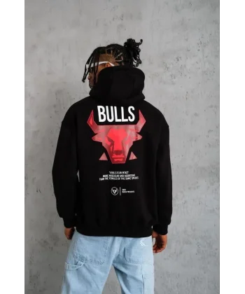 Erkek Kanguru Cepli Baskılı Kapüşonlu Sweatshirt - Siyah