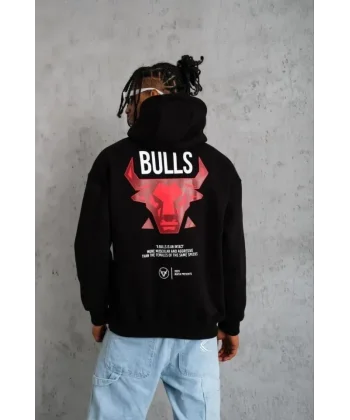 Erkek Kanguru Cepli Baskılı Kapüşonlu Sweatshirt - Siyah