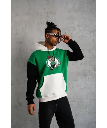 Erkek Kanguru Cepli Çok Parçalı Kapüşonlu Sweatshirt - Yeşil