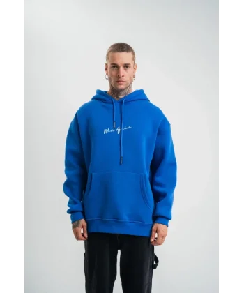 Erkek Kapşonlu Double Oversize Dijital Patchli SweatShirt - Mavi
