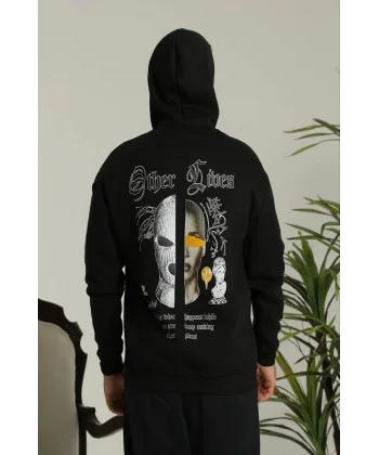 Erkek Kapşonlu Sweatshirt – Oversize Üç İplik Şardonlu Hoodie, “Other Lives” Ön & Arka Baskılı, Kanguru Cepli, Kışlık Rahat Günlük Stil - Siyah