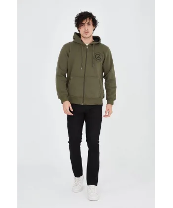 Erkek Kapüşonlu Baskılı Fermuarlı Hırka - Yeşil