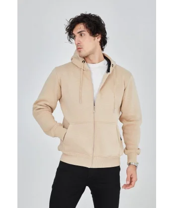 Erkek Kapüşonlu Düz Fermuarlı Hırka - Bej