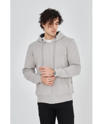 Erkek Kapüşonlu Düz Fermuarlı Hırka - Boyalı Gri