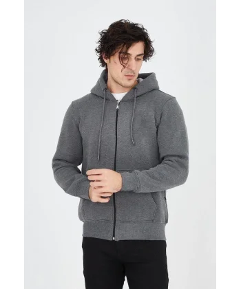 Erkek Kapüşonlu Düz Fermuarlı Hırka - Füme