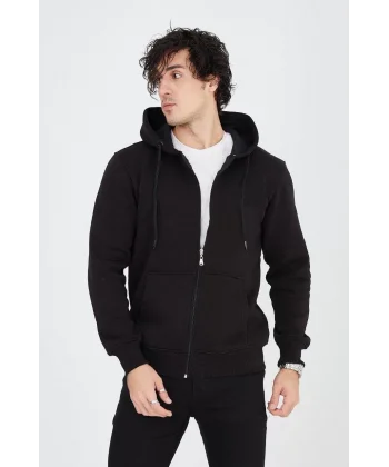 Erkek Kapüşonlu Düz Fermuarlı Hırka - Siyah