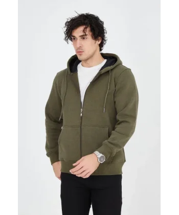 Erkek Kapüşonlu Düz Fermuarlı Hırka - Yeşil