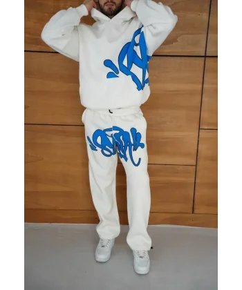 Erkek Kapüşonlu Eşofman Takım Graffiti Baskılı  Oversize Rahat Kalıp, Kanguru Cepli, Streetwear Tarzında Premium Ürün 3 iplik Pamuklu - Beyaz