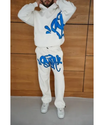 Erkek Kapüşonlu Eşofman Takım Graffiti Baskılı  Oversize Rahat Kalıp, Kanguru Cepli, Streetwear Tarzında Premium Ürün 3 Iplik Pamuklu - Beyaz