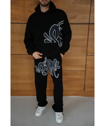 Erkek Kapüşonlu Eşofman Takım Graffiti Baskılı Oversize Rahat Kalıp, Kanguru Cepli, Streetwear Tarzında Premium Ürün 3 iplik Pamuklu - Siyah