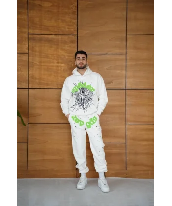 Erkek Kapüşonlu Eşofman Takım Örümcek Ağı Ve Neon Yeşil Baskılı Kanguru Cepli Oversize Rahat Kalıp, Premium Üç İplik Kumaş - Beyaz