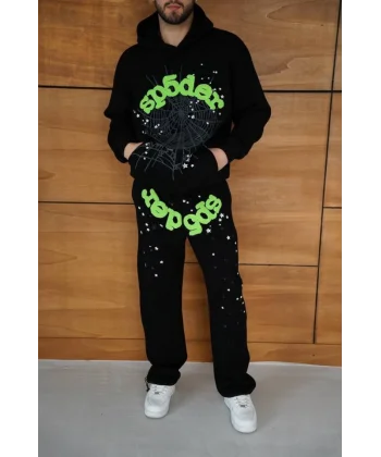 Erkek Kapüşonlu Eşofman Takım Örümcek Ağı Ve Neon Yeşil Baskılı Kanguru Cepli Oversize Rahat Kalıp, Premium Üç İplik Kumaş - Siyah