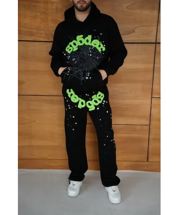 Erkek Kapüşonlu Eşofman Takım Örümcek Ağı ve Neon Yeşil Baskılı Kanguru cepli Oversize Rahat Kalıp, Premium Üç İplik Kumaş - Siyah