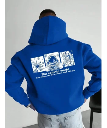 Erkek Kapüşonlu Oversize Hoodie – Üç İplik Pamuklu, Astronot Temalı Renkli Dünya Baskılı, Kanguru Cepli Premium Sweatshirt - Saks Mavi