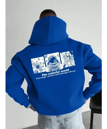 Erkek Kapüşonlu Oversize Hoodie – Üç İplik Pamuklu, Astronot Temalı Renkli Dünya Baskılı, Kanguru Cepli Premium Sweatshirt - Saks Mavi