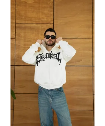 Erkek Kapüşonlu Sweatshirt Hoodie 3 İplik Şardonlu Pamuklu Kumaş, Önü Baskılı, Fermuarlı Rahat Kalıp, Kışlık Ve Sokak Stili Sweat - Beyaz