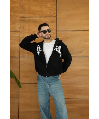 Erkek Kapüşonlu 3 İplik Şardonlu Önü Baskılı Fermuarlı Oversize Sweatshirt - Siyah