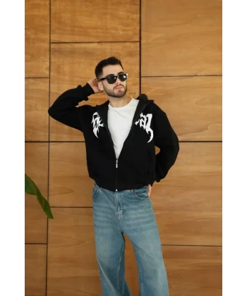 Erkek Kapüşonlu Sweatshirt  Hoodie 3 İplik Şardonlu Pamuklu Kumaş, Önü Baskılı, Fermuarlı Rahat Kalıp, Kışlık Ve Sokak Stili Sweat - Siyah