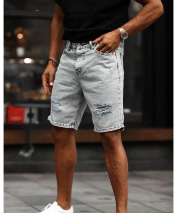 Erkek Kar Yıkama Yırtık Detaylı Şort