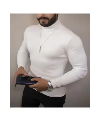 Erkek Kaşkorse Boğazlı Full Likralı Fitilli Body Kazak - Beyaz