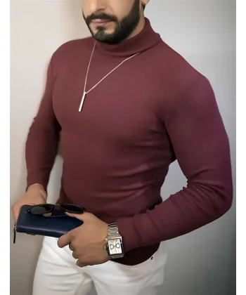 Erkek Kaşkorse Boğazlı Full Likralı Fitilli Body Kazak - Bordo