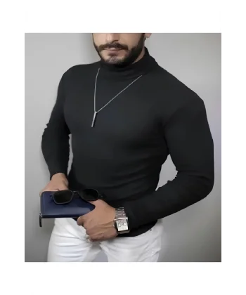 Erkek Kaşkorse Boğazlı Full Likralı Fitilli Body Kazak - Siyah