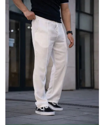 Erkek Keten Cepli Çıma Dikişli jogger Buggy Pantalon Rahat kalıp - Beyaz