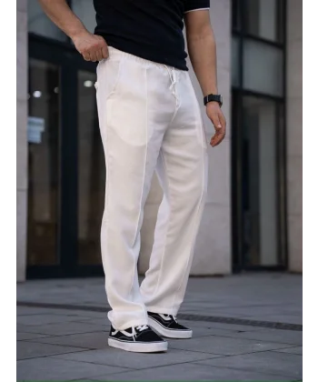 Erkek Keten Cepli Çıma Dikişli Jogger Buggy Pantalon Rahat Kalıp - Beyaz