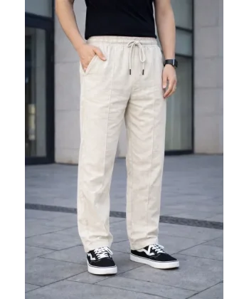Erkek Keten Cepli Çıma Dikişli Jogger Buggy Pantalon Rahat Kalıp - Krem