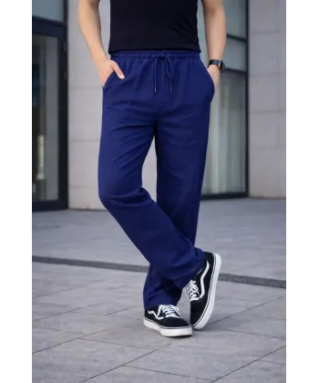 Erkek Keten Cepli Çıma Dikişli Jogger Buggy Pantalon Rahat Kalıp - Lacivert