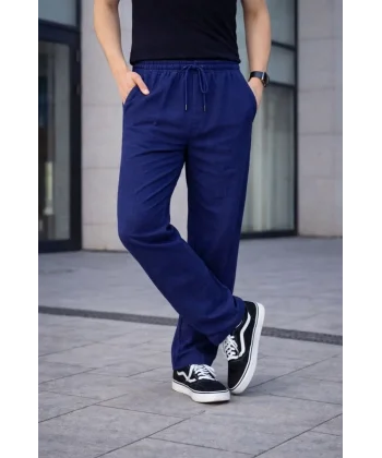 Erkek Keten Cepli Çıma Dikişli jogger Buggy Pantalon Rahat kalıp - Lacivert