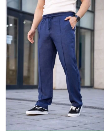 Erkek Keten Cepli Çıma Dikişli Jogger Buggy Pantalon Rahat Kalıp - Lacivert