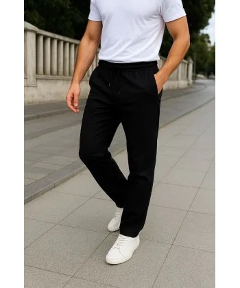 Erkek Keten Pantolon – Cepli, Beli Lastikli ve Bağcıklı, Nefes Alan Rahat Kalıp, Yazlık ve Baharlık Günlük Giyim, Şık & Konforlu Boru Paça Model - Siyah