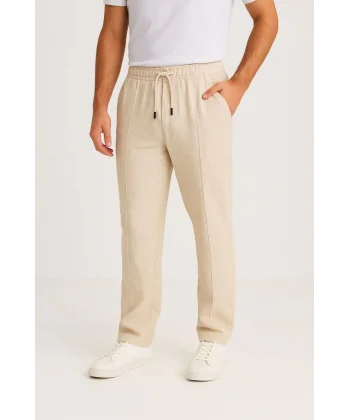 Erkek Keten Pantolon – Cepli, Beli Lastikli ve Bağcıklı, Nefes Alan Rahat Kalıp, Yazlık ve Baharlık Günlük Giyim, Şık & Konforlu Boru Paça Model - Bej