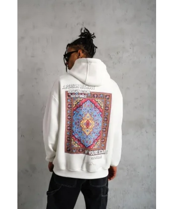 Erkek Kilim Desen Kapüşonlu Sweat- Beyaz