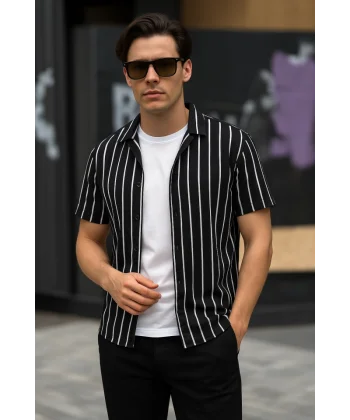 Erkek Kısa Kollu Beyaz çizgi Desenli örme Kumaş Pamuklu Gömlek