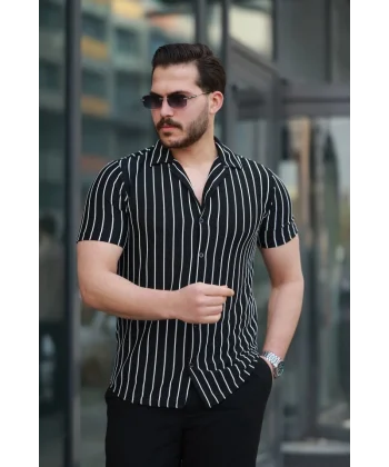 Erkek Kısa Kollu Beyaz çizgi Desenli örme Kumaş Pamuklu Gömlek